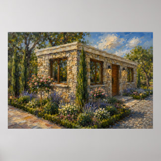 Stone Cottage Rose and Lavender Garden Oil Paintin Poster