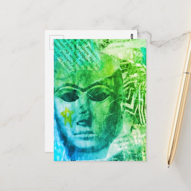 Stone face Abstract Mix Media Collage Blue Green Postcard (Front/Back In Situ)