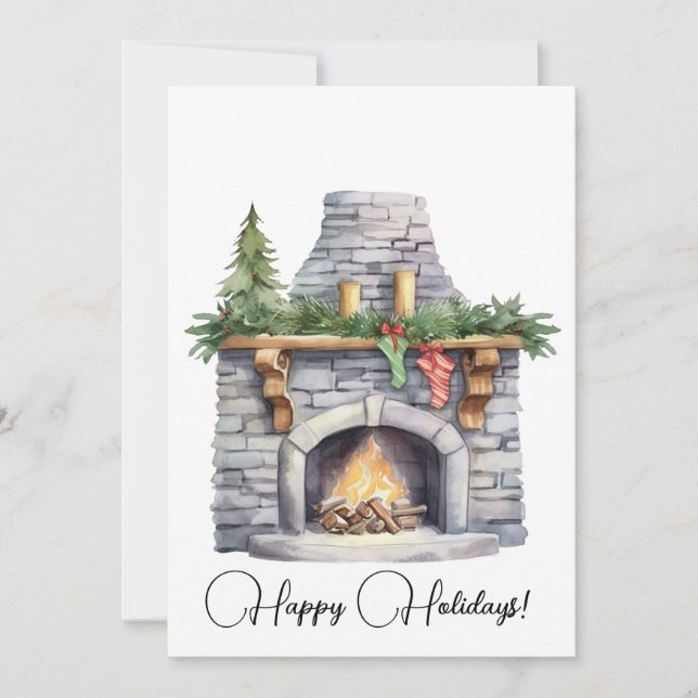 Stone Fireplace & Christmas Stockings Watercolor Holiday Card (Front)