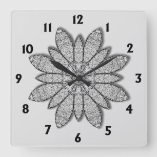 Stone Flower w/ Black Numbers Square Wall Clock