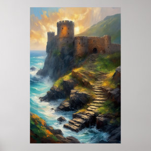 Stone Fortress Ruins by the Ocean's Edge Poster