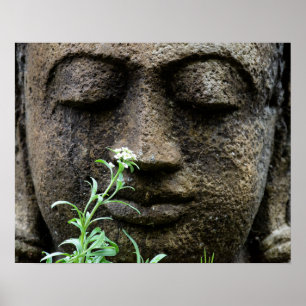 Stone garden statue with flower poster