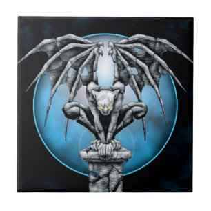 Stone Gargoyle with Blue Moon Ceramic Tile