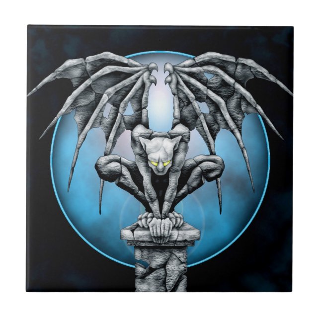 Stone Gargoyle with Blue Moon Ceramic Tile (Front)