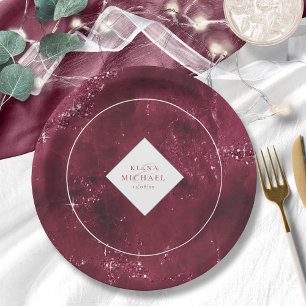 Stone Glitter Wedding Burgundy ID647 Paper Plate