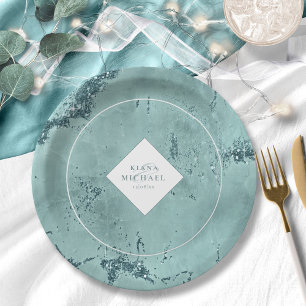 Stone Glitter Wedding Teal ID647 Paper Plate