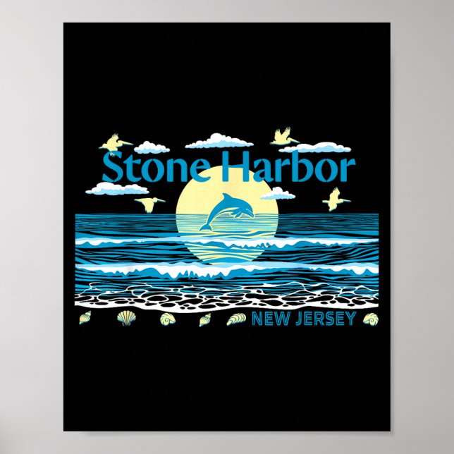 Stone Harbour NJ Dolphin Pelican Waves Beach Poster (Front)