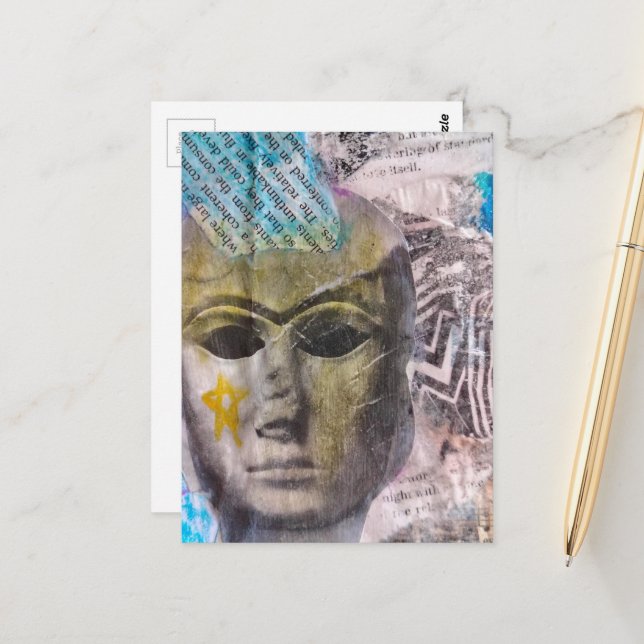 Stone lady face Abstract Mixed Media Collage Postcard (Front/Back In Situ)