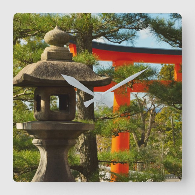 Stone Lantern and Torii Gate Square Wall Clock (Front)