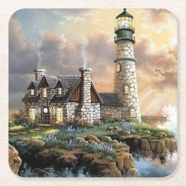 Stone Lighthouse Fine Art Square Paper Coaster (Front)
