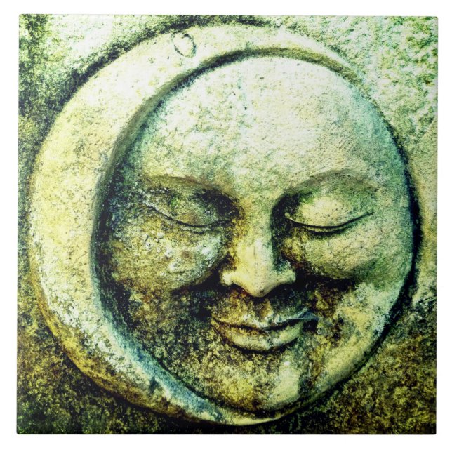 Stone look moon and sun face crescent ceramic tile (Front)