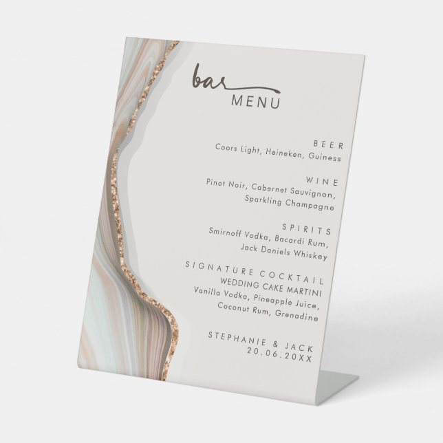 Stone Marble Agate Wedding Drinks Bar Menu Pedestal Sign (Front)
