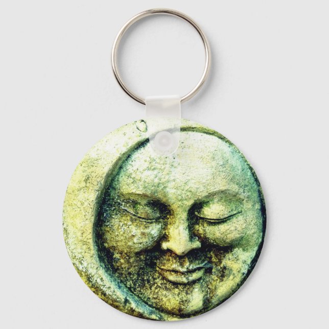 Stone moon and sun face crescent  green gray key ring (Front)