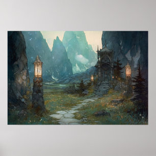 Stone path winding through sacred valley to shrine poster