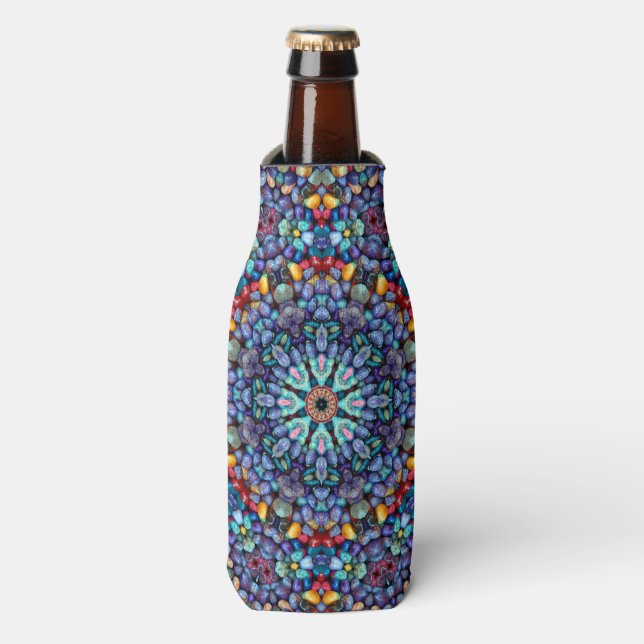 Stone Wonder  Vintage Blue Fractal Kaleidoscope Bottle Cooler (Bottle Front)
