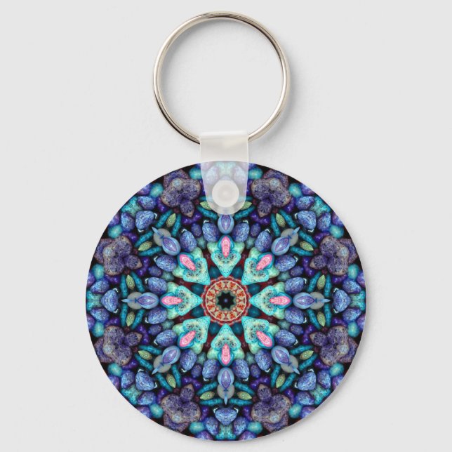 Stone Wonder  Vintage Blue Fractal Kaleidoscope Key Ring (Front)