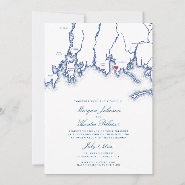 Stonington CT Map Elegant Blue Church Wedding Invitation (Front)