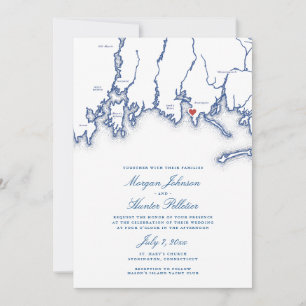 Stonington CT Map Elegant Blue Church Wedding Invitation