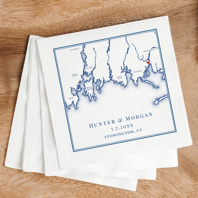 Stonington CT Map Elegant Navy Blue Wedding Napkin (Stonington CT Map Wedding cocktail napkins in elegant navy blue from Coastal Map Designs)