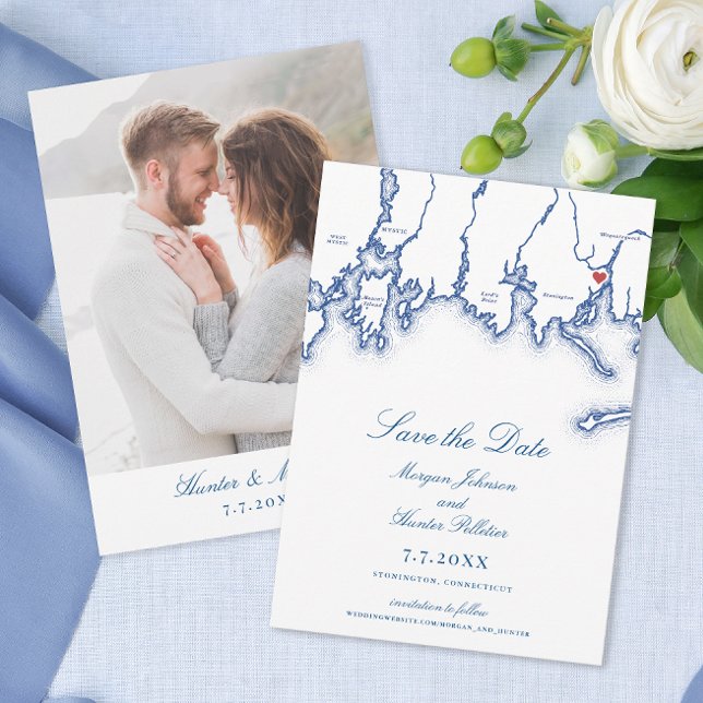 Stonington CT Map Elegant Navy Blue Wedding Save The Date (Stonington CT Map Wedding Save the Dates with Photo in elegant navy blue from Coastal Map Designs)