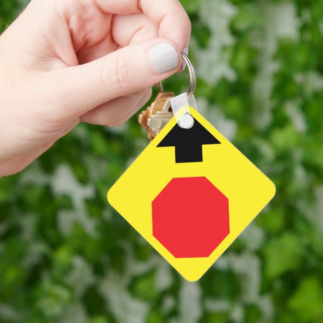 Stop Ahead Daimond Shape Metal Square Keychain (Hand)