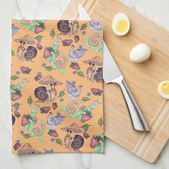 Stop and Smell the Strawberries Snail  Pattern Tea Towel (Quarter Fold)