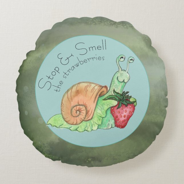 Stop and Smell the Strawberries Snail  Round Cushion (Front)