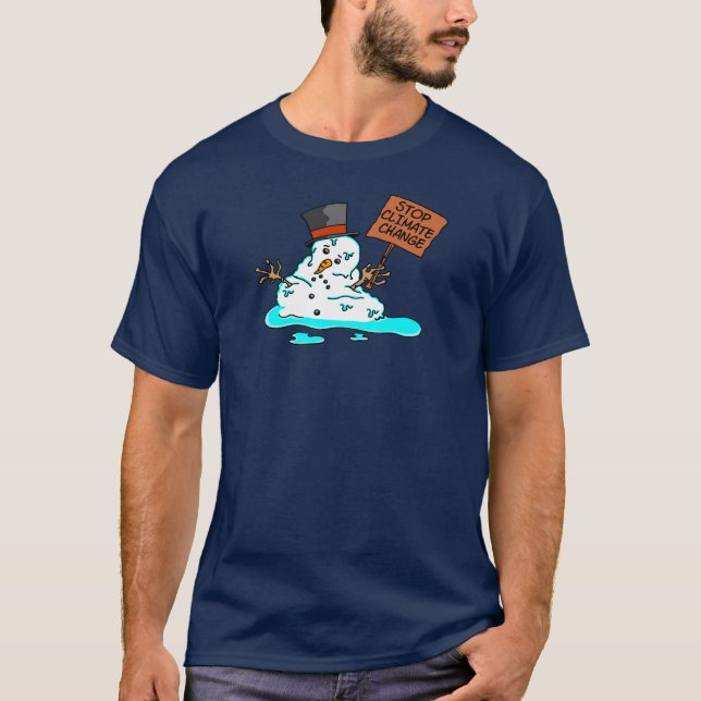 Stop Climate Change Melting Snowman T-Shirt (Front)
