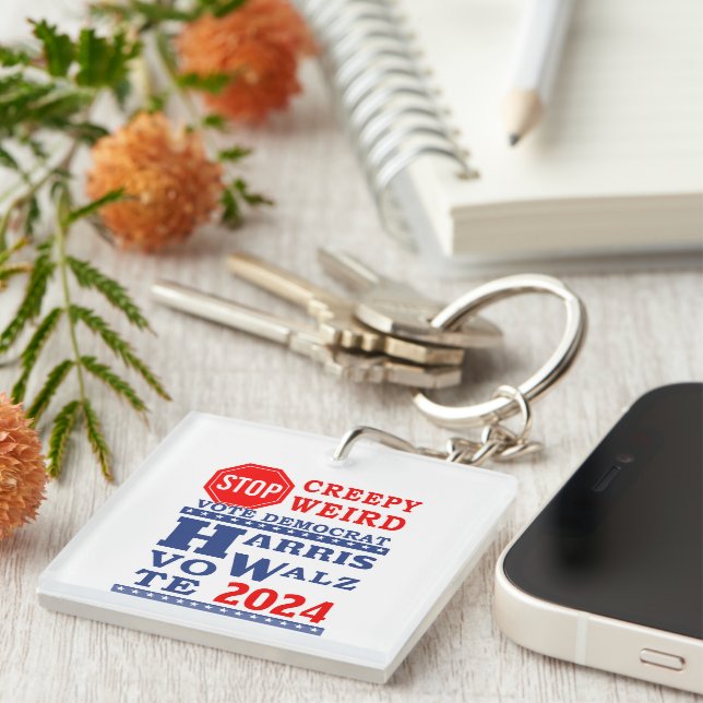 Stop Creepy Weird Vote Harris Walz 2024 Key Ring (Front Right)