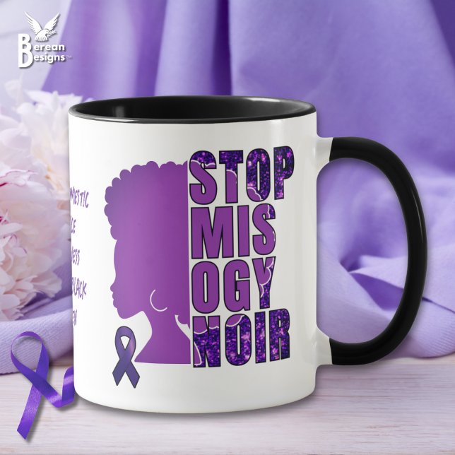 STOP MISOGYNOIR Domestic Violence Awareness Mug (STOP MISOGYNOIR Hatred of Black women anti DVA coffee mug with afro silhouette and customizable text)