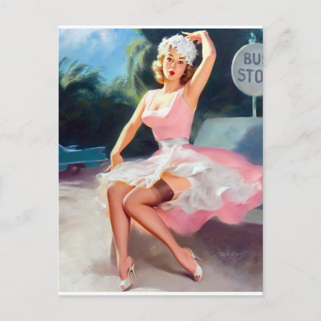 Stop Pin Up Bus Postcard (Front)