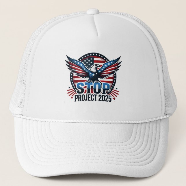 Stop Project 2025 - Defend Democracy - Vote Blue Trucker Hat (Front)