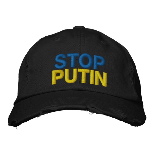 Stop Putin Stop War In Ukraine - Ukrainian Flag Embroidered Hat (Front)