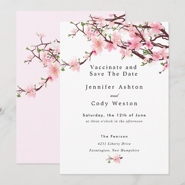 Stop Quarantine Vaccinate Cherry Blossom Wedding Save The Date (Front/Back)