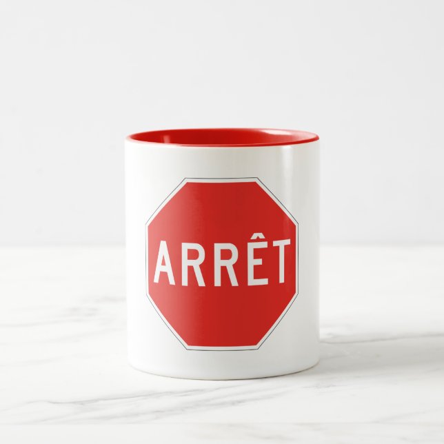 Stop, Quebec, Traffic Sign, Canada Two-Tone Coffee Mug (Center)