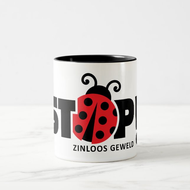 Stop senseless violence, domestic violence. Two-Tone coffee mug (Center)