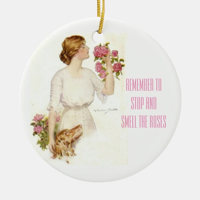 Stop Smell Roses Victorian Lady Ceramic Ornament (Front)
