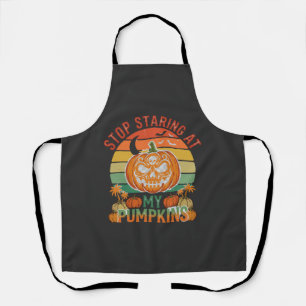 Stop Staring Pumpkins Halloween Skull Retro Sunset Apron