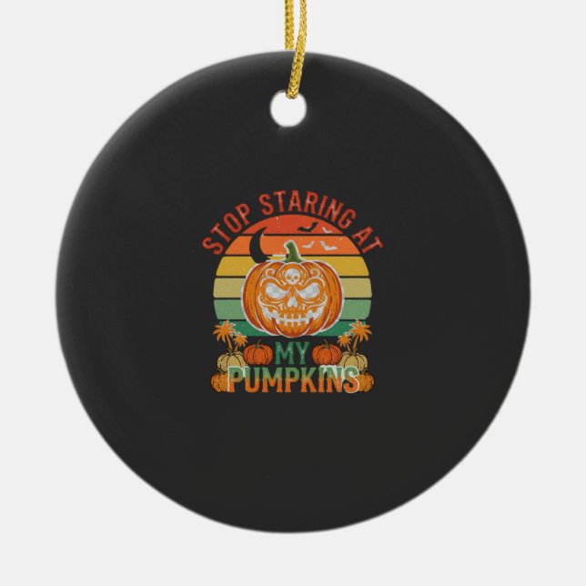 Stop Staring Pumpkins Halloween Skull Retro Sunset Ceramic Ornament (Front)