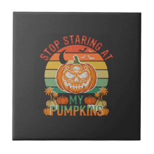 Stop Staring Pumpkins Halloween Skull Retro Sunset Ceramic Tile