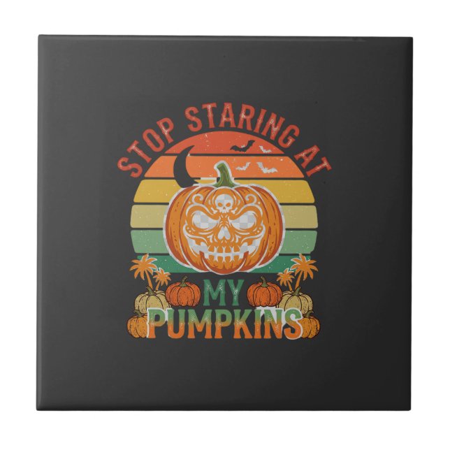 Stop Staring Pumpkins Halloween Skull Retro Sunset Ceramic Tile (Front)