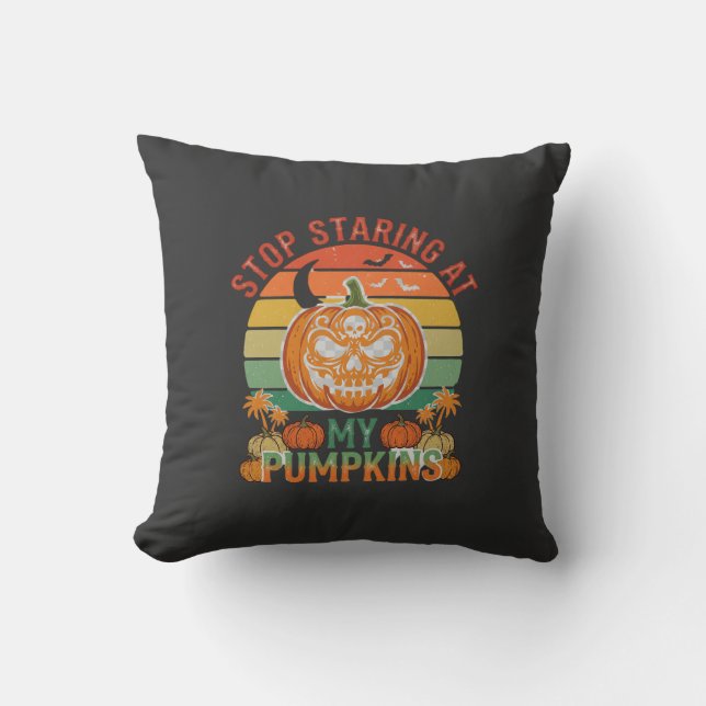 Stop Staring Pumpkins Halloween Skull Retro Sunset Cushion (Front)