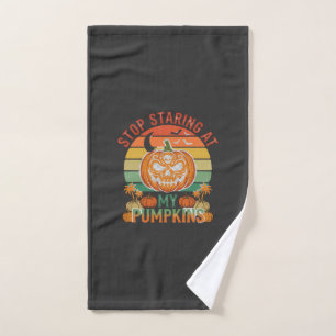 Stop Staring Pumpkins Halloween Skull Retro Sunset Hand Towel