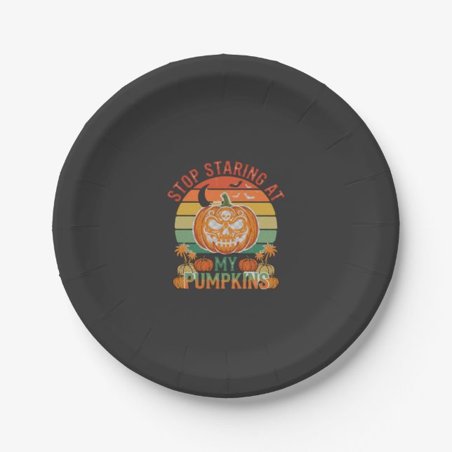 Stop Staring Pumpkins Halloween Skull Retro Sunset Paper Plate (Front)