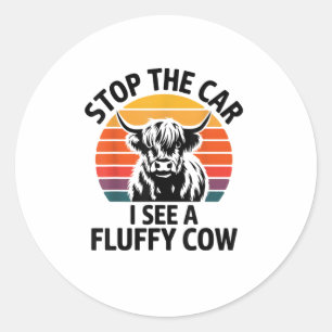 Stop The Car I See Fluffy Cow Retro Highland Cow L Classic Round Sticker
