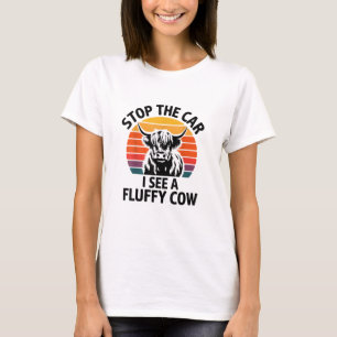 Stop The Car I See Fluffy Cow Retro Highland Cow L T-Shirt