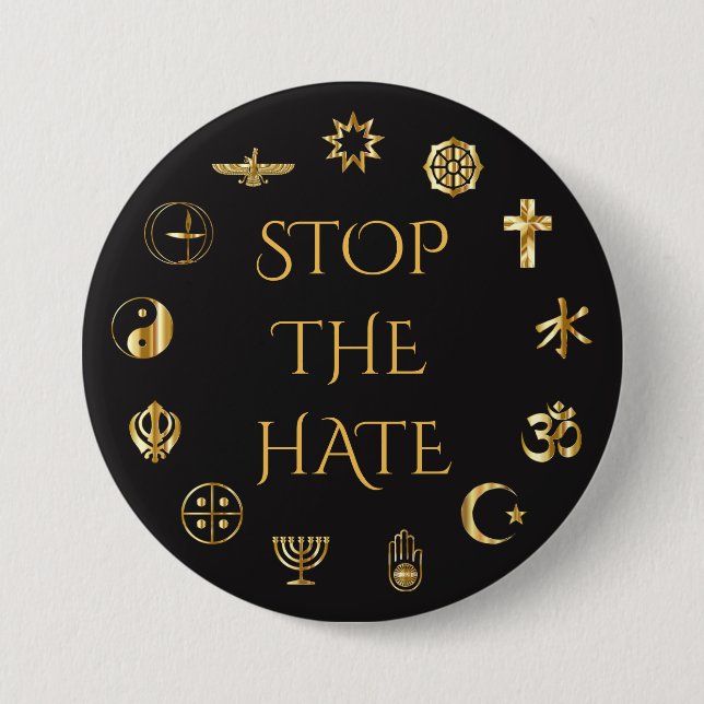"Stop the Hate" with Symbols of World Religions 7.5 Cm Round Badge (Front)