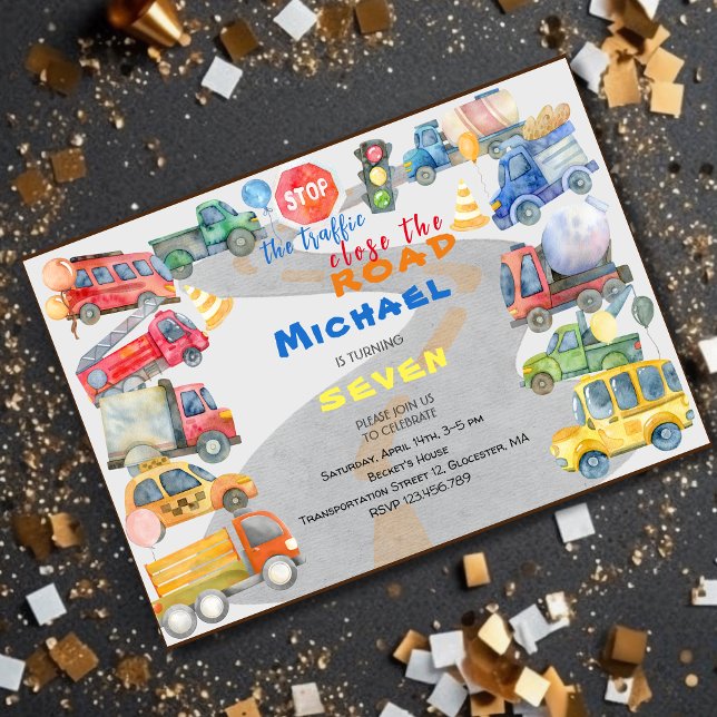 Stop the traffic close the road cars boy birthday invitation (Creator Uploaded)