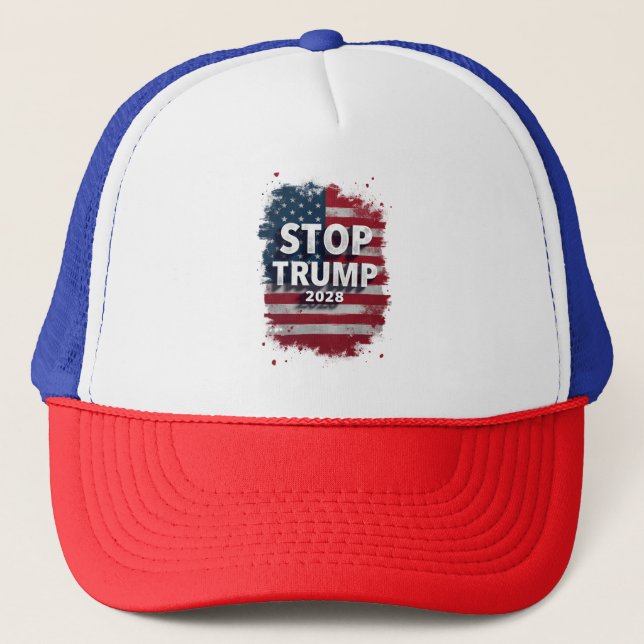 Stop Trump 2028 Save Democracy Bold Trucker Hat (Front)