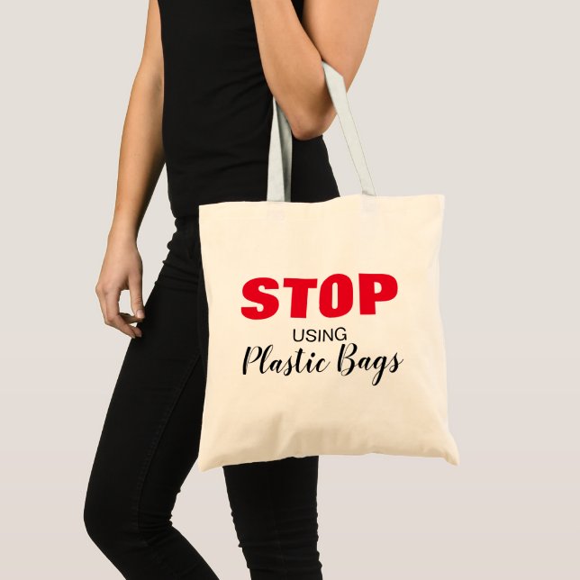 "Stop using plastic bags" Black and Red Typography Tote Bag (Front (Product))